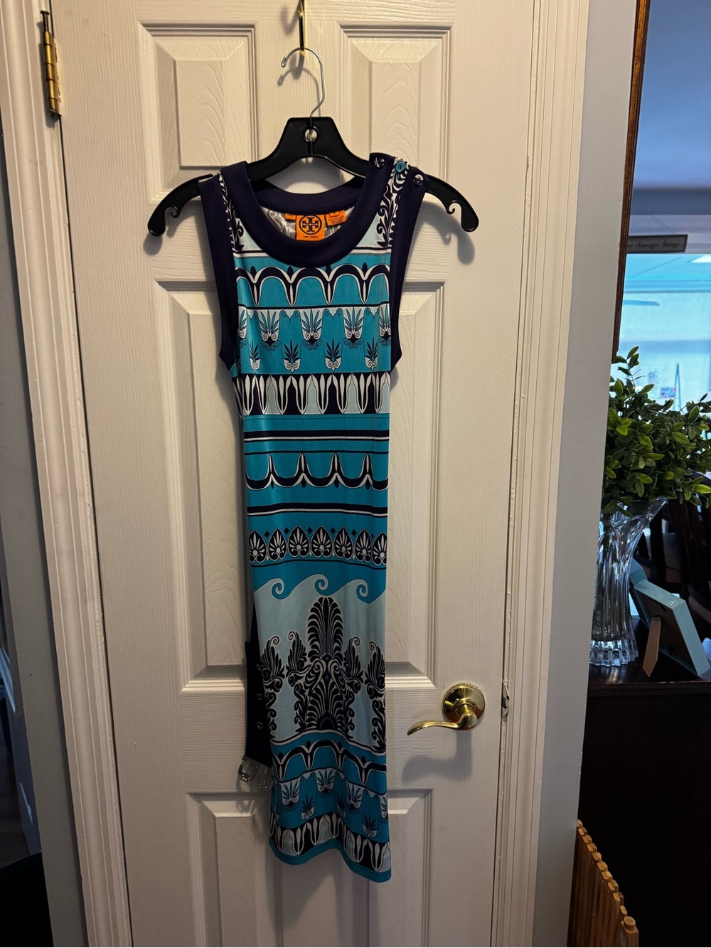 Tory Burch Navy & Turquoise Geometric Silk Shell